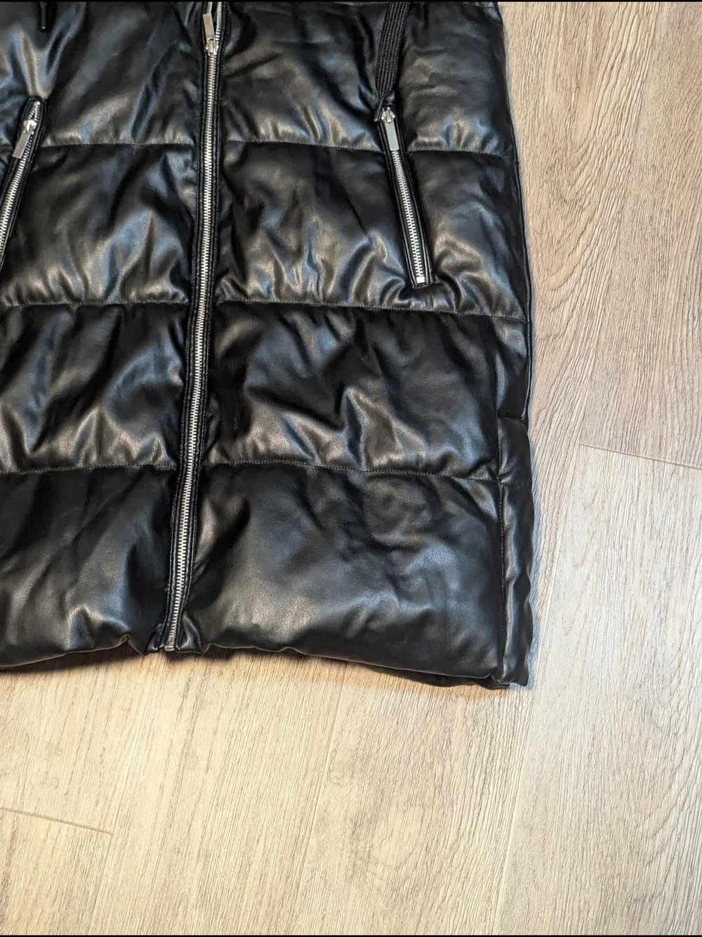 Vigoss Black Quilted Faux Leather Hooded Vest
